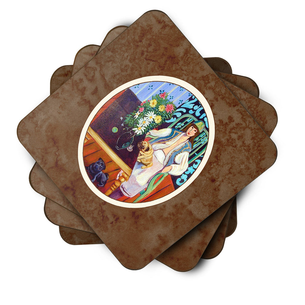 Lady with her Pug Foam Coasters Set of 4 Cup Coasters for Indoor Outdoor, Tabletop Protection, Anti Slip, Mouse pad Material