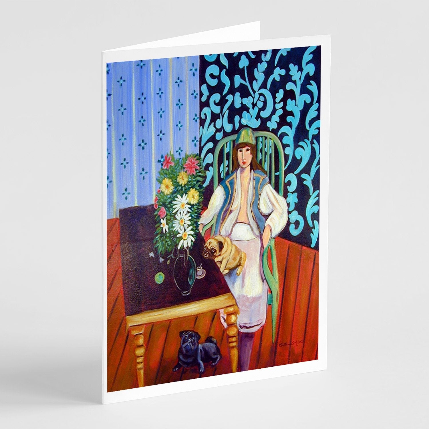 Lady with her Pug Greeting Cards Pack of 8 Blank Cards with Envelopes Whimsical A7 Size 5x7