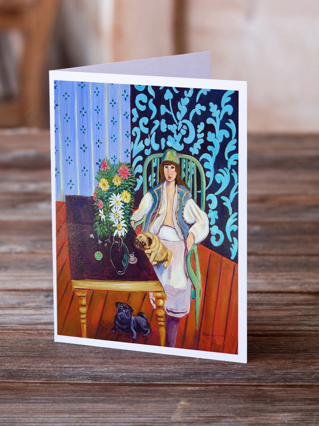 Lady with her Pug Greeting Cards Pack of 8 Blank Cards with Envelopes Whimsical A7 Size 5x7