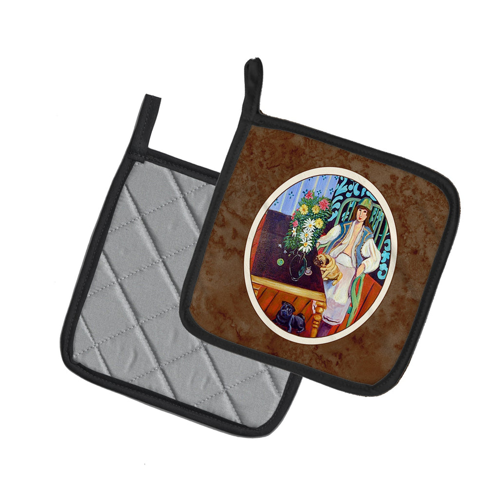 Lady with her Pug Pot Holder Set of 2 Heat Resistant Quilted Hot Pads 7.5 x 7.5 Inch, Insulated Kitchen Trivets for Cooking & Baking