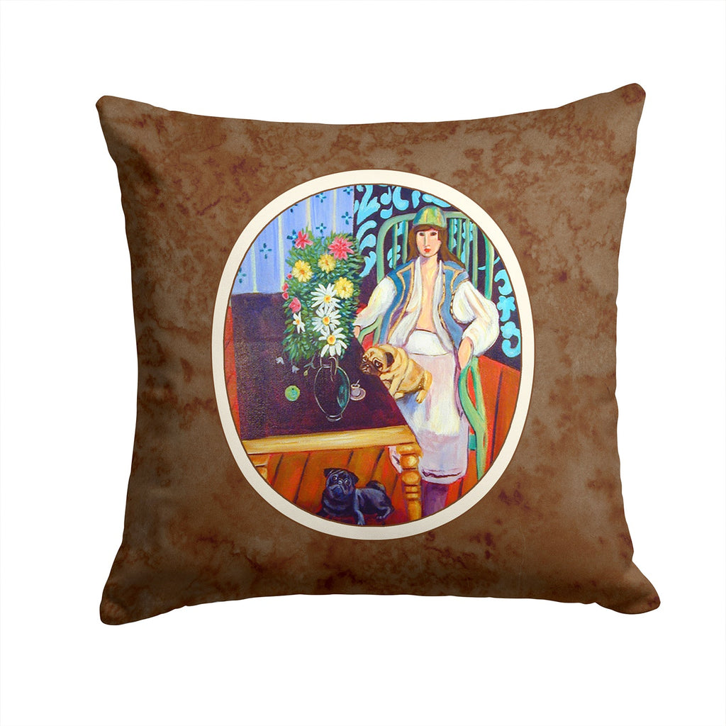 Lady with her Pug Decorative Throw Pillow 14x14 Indoor Outdoor Accent Cushion, Fabric Cover with Insert for Sofa, Bed, Porch & Living Room