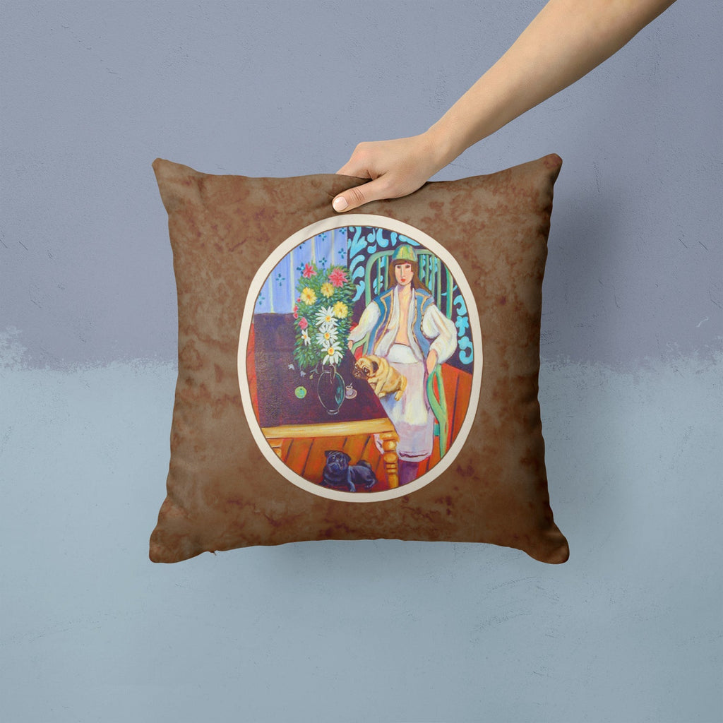 Lady with her Pug Decorative Throw Pillow 14x14 Indoor Outdoor Accent Cushion, Fabric Cover with Insert for Sofa, Bed, Porch & Living Room