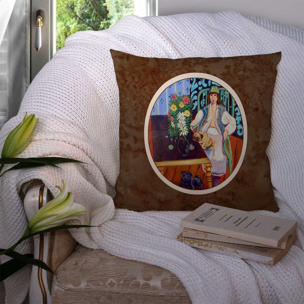 Lady with her Pug Decorative Throw Pillow 14x14 Indoor Outdoor Accent Cushion, Fabric Cover with Insert for Sofa, Bed, Porch & Living Room