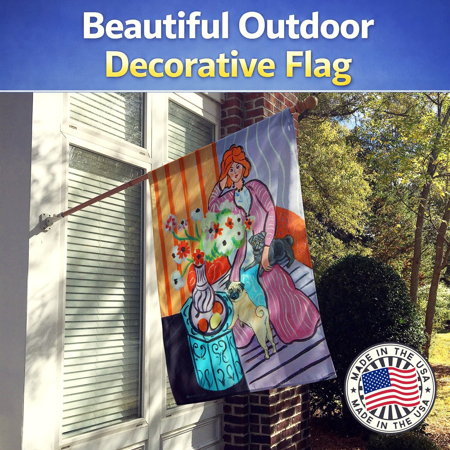 Lady with her Pug House Flag 28x40 Porch Sleeve Pole Decorative Outside Yard Banner Artwork Wall Hanging, Polyester