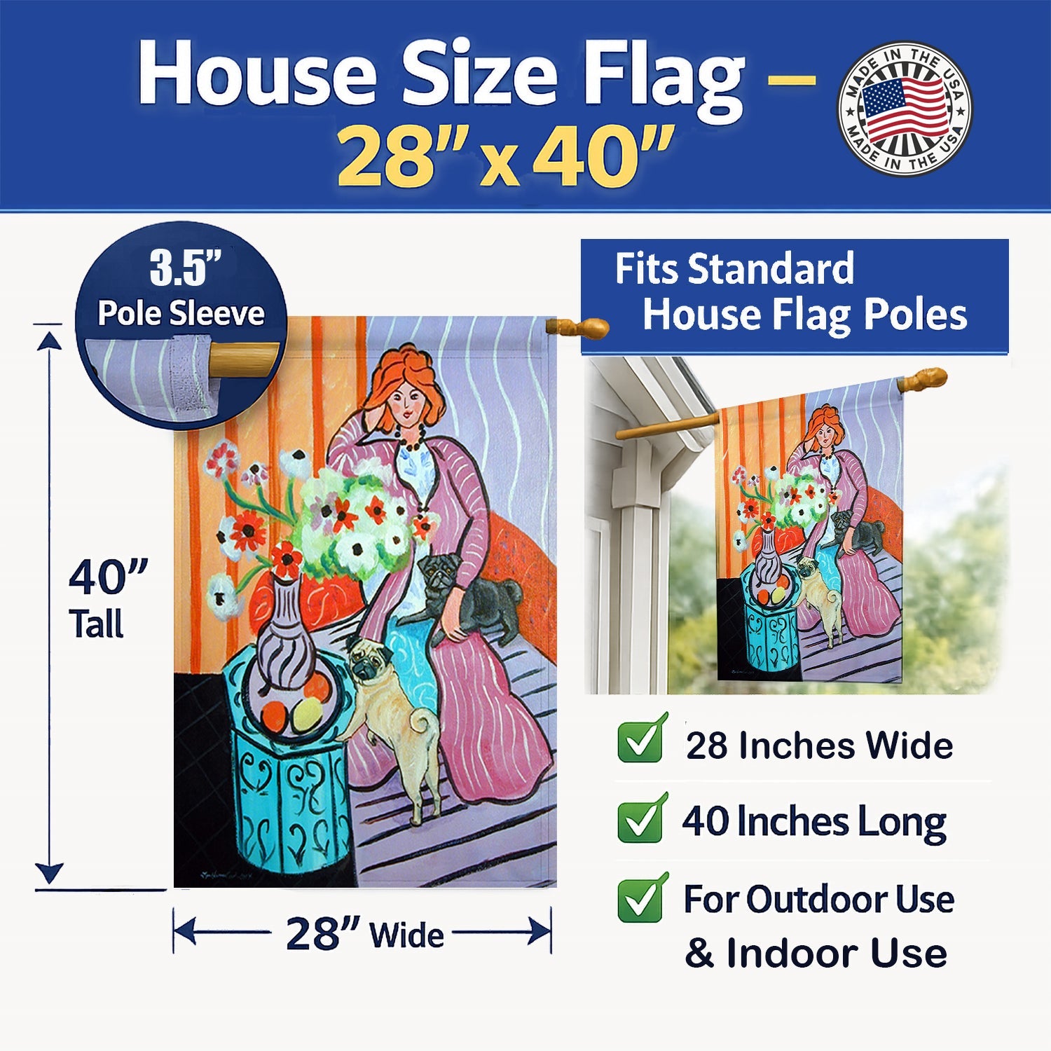 Lady with her Pug House Flag 28x40 Porch Sleeve Pole Decorative Outside Yard Banner Artwork Wall Hanging, Polyester