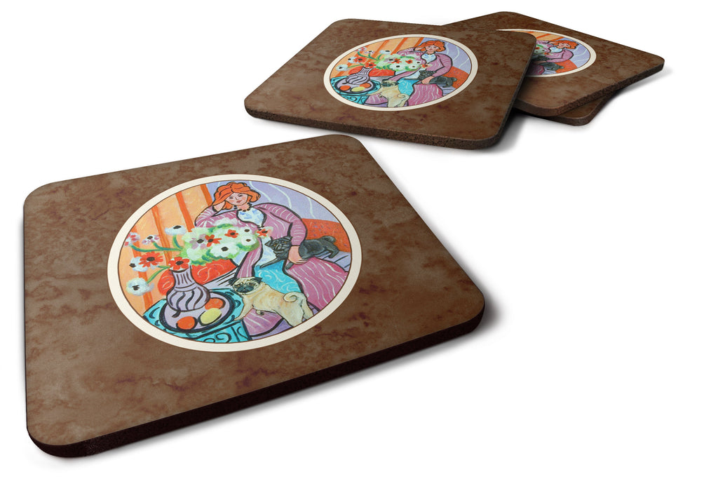 Lady with her Pug Foam Coasters Set of 4 Cup Coasters for Indoor Outdoor, Tabletop Protection, Anti Slip, Mouse pad Material