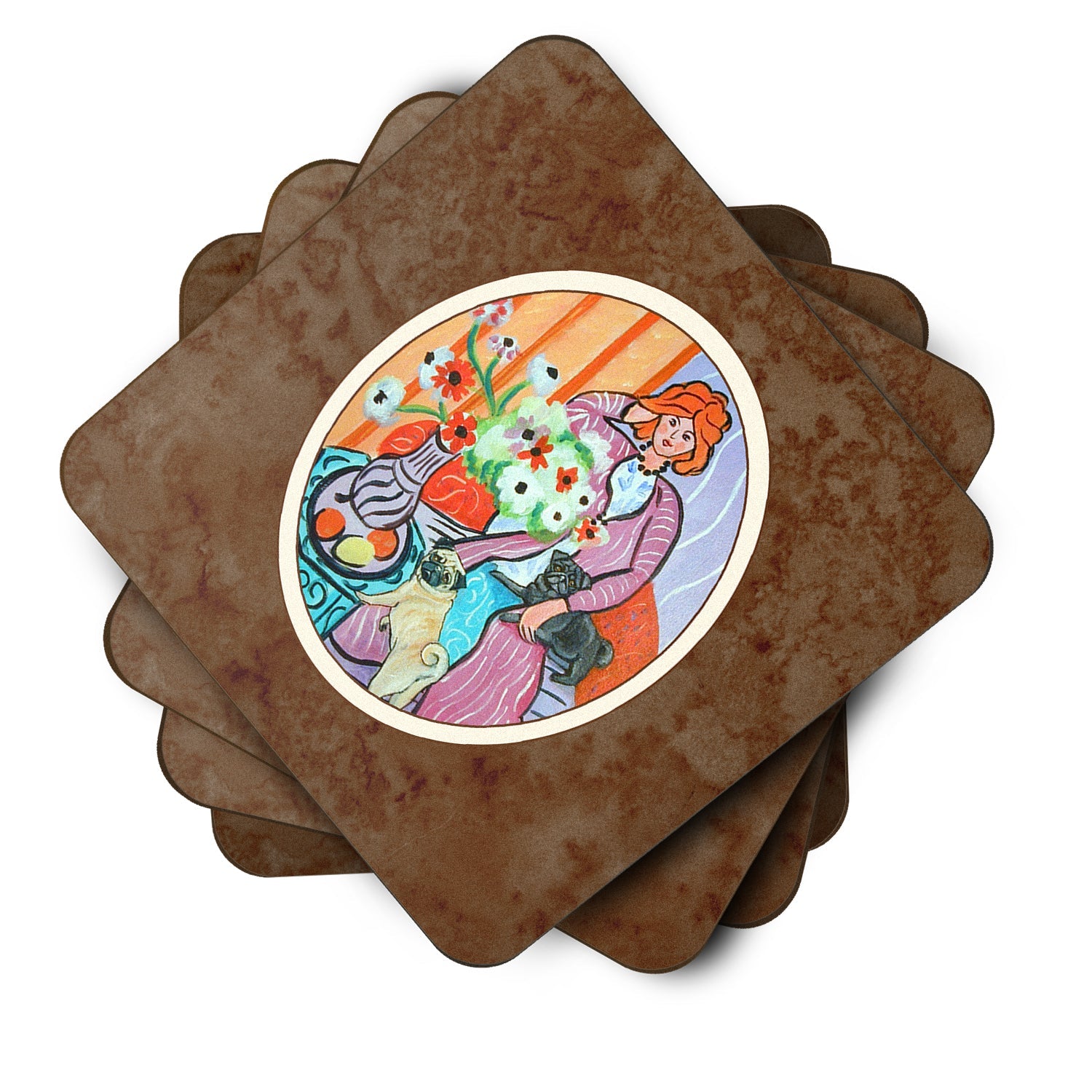 Lady with her Pug Foam Coasters Set of 4 Cup Coasters for Indoor Outdoor, Tabletop Protection, Anti Slip, Mouse pad Material