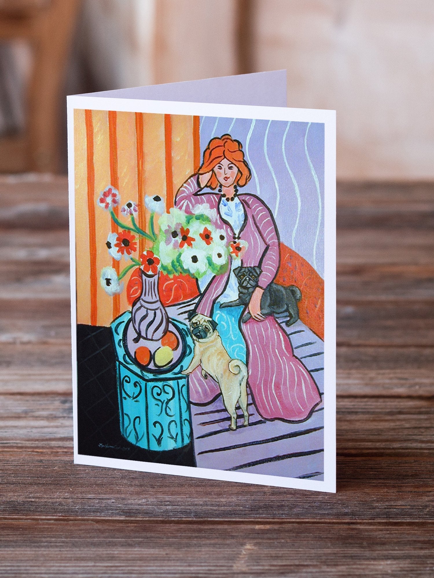 Lady with her Pug Greeting Cards Pack of 8 Blank Cards with Envelopes Whimsical A7 Size 5x7