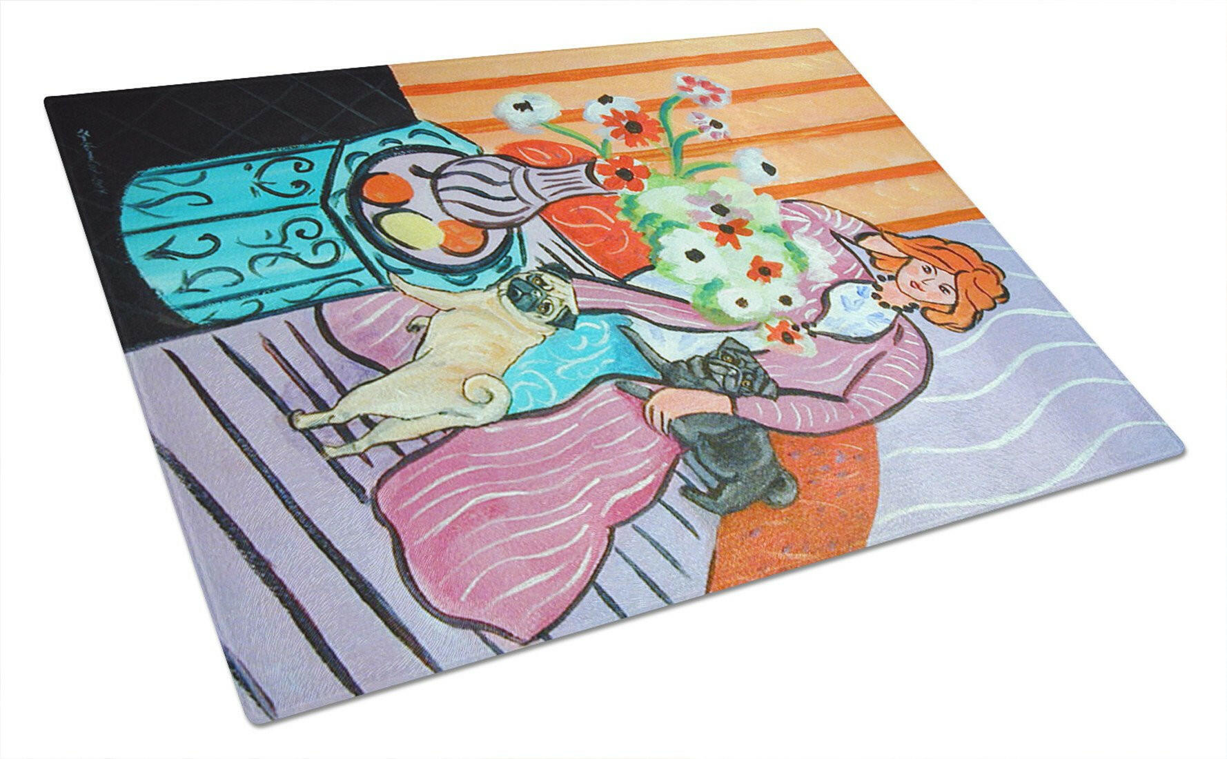 Lady with her Pug Cutting Board Tempered Glass Kitchen Cutting Surface, Heat Resistant Chopping, Non-Slip Feet, Food Prep & Serving