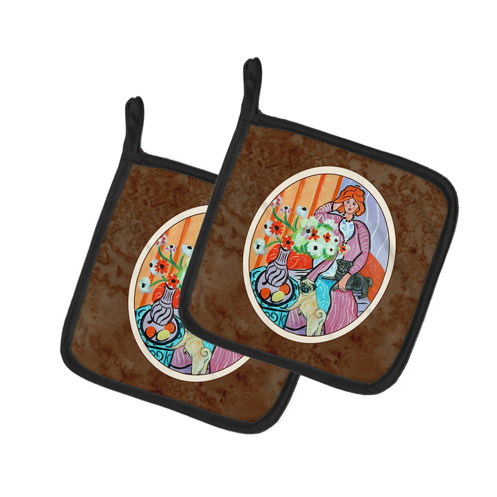 Lady with her Pug Pot Holder Set of 2 Heat Resistant Quilted Hot Pads 7.5 x 7.5 Inch, Insulated Kitchen Trivets for Cooking & Baking