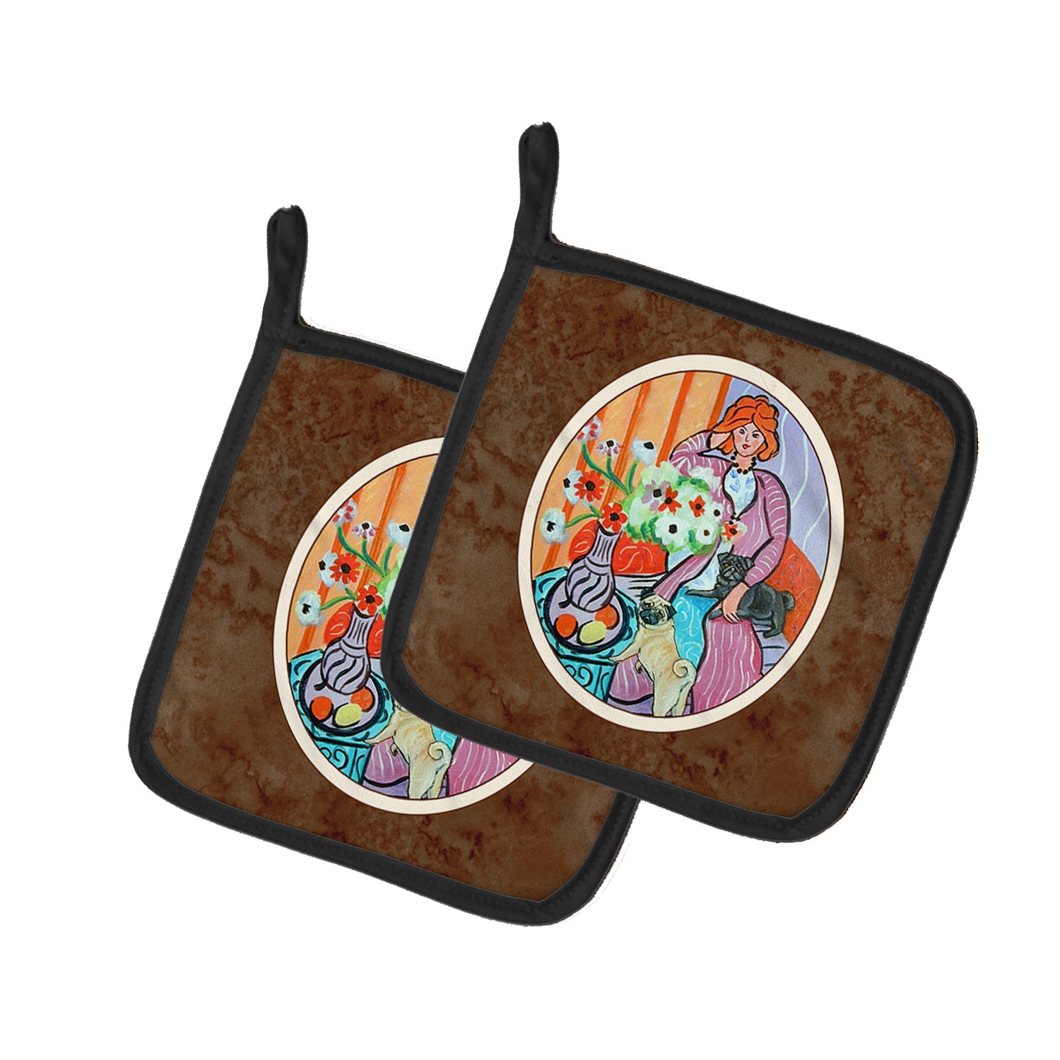 Lady with her Pug Pot Holder Set of 2 Heat Resistant Quilted Hot Pads 7.5 x 7.5 Inch, Insulated Kitchen Trivets for Cooking & Baking