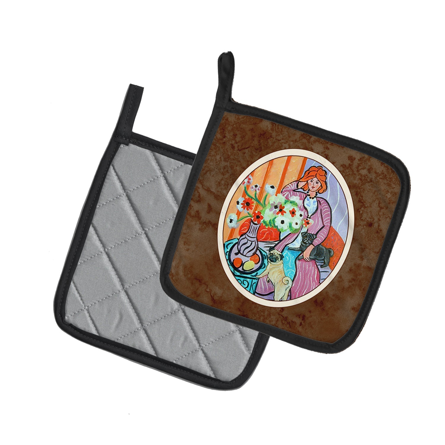 Lady with her Pug Pot Holder Set of 2 Heat Resistant Quilted Hot Pads 7.5 x 7.5 Inch, Insulated Kitchen Trivets for Cooking & Baking