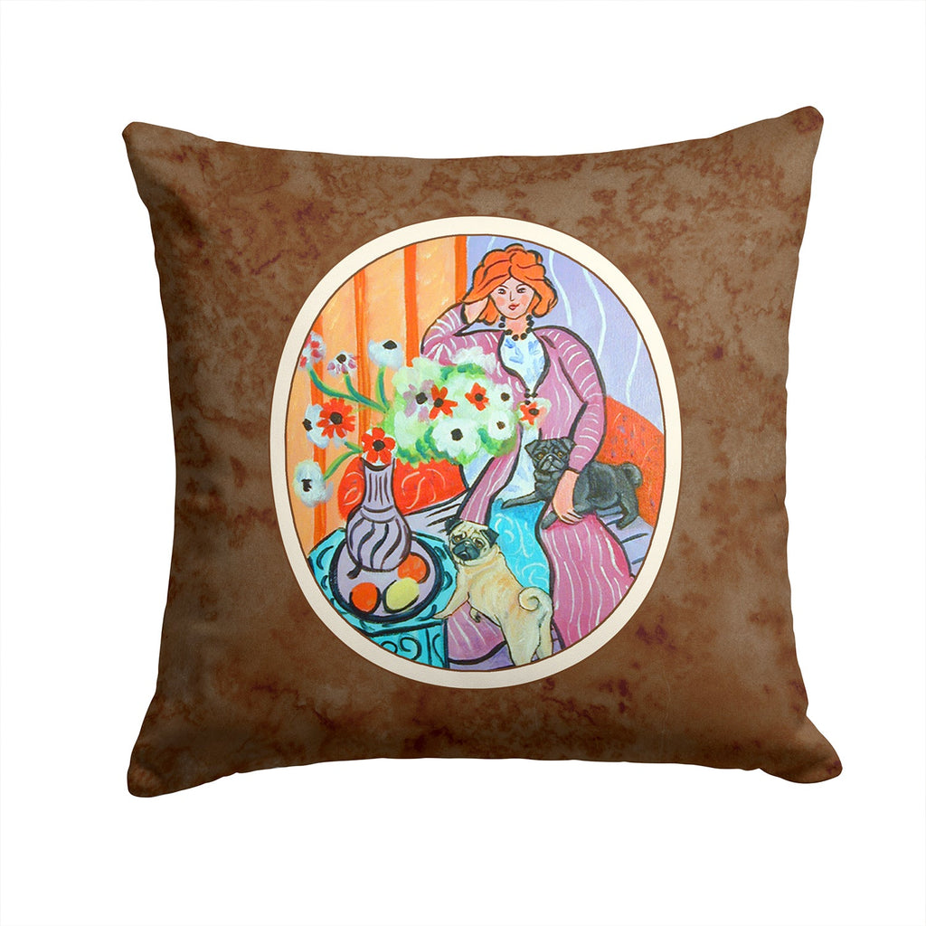 Lady with her Pug Decorative Throw Pillow 14x14 Indoor Outdoor Accent Cushion, Fabric Cover with Insert for Sofa, Bed, Porch & Living Room