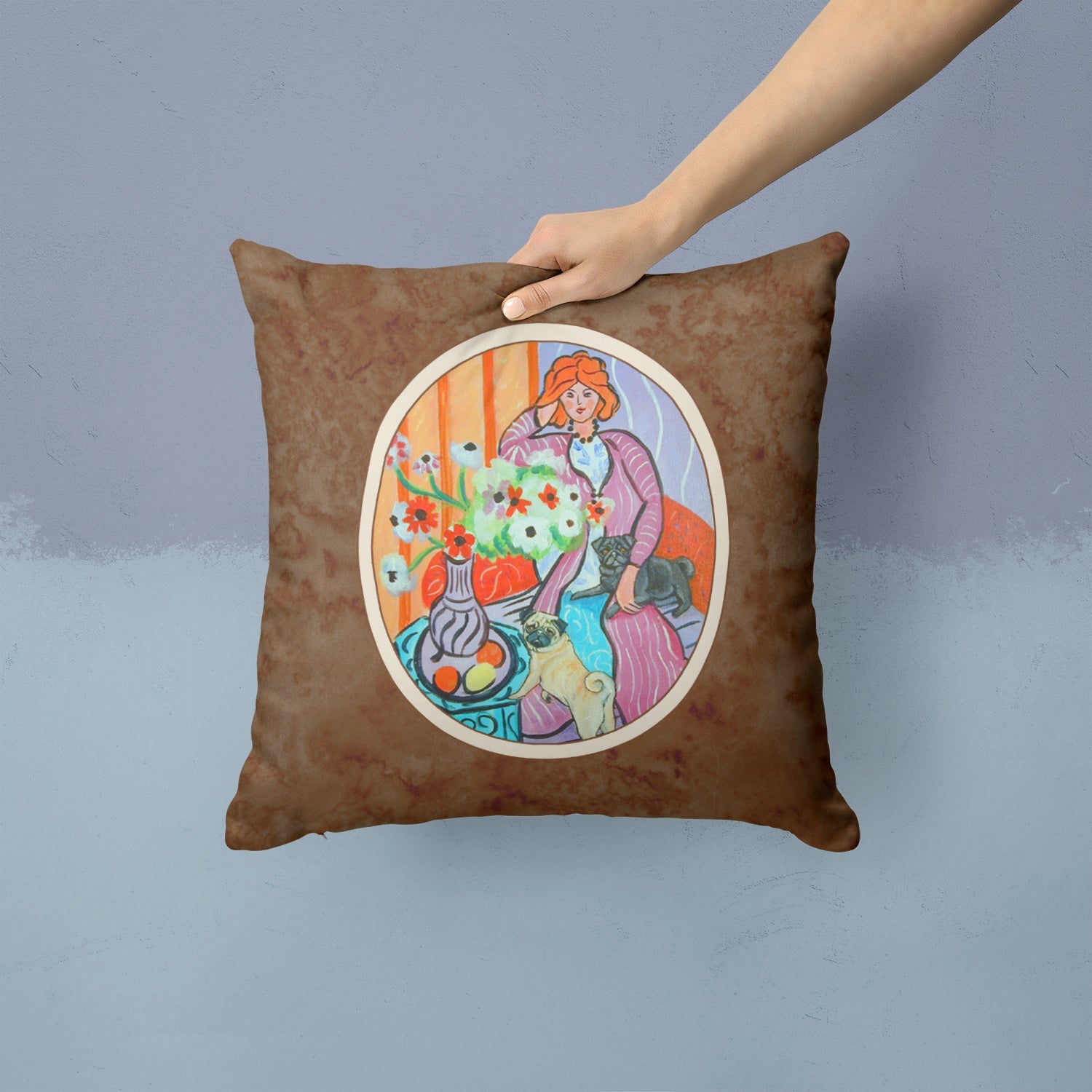 Lady with her Pug Decorative Throw Pillow 14x14 Indoor Outdoor Accent Cushion, Fabric Cover with Insert for Sofa, Bed, Porch & Living Room