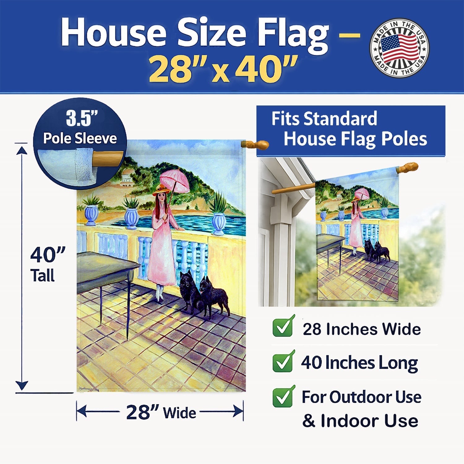 Lady with her Schipperke House Flag 28x40 Porch Sleeve Pole Decorative Outside Yard Banner Artwork Wall Hanging, Polyester