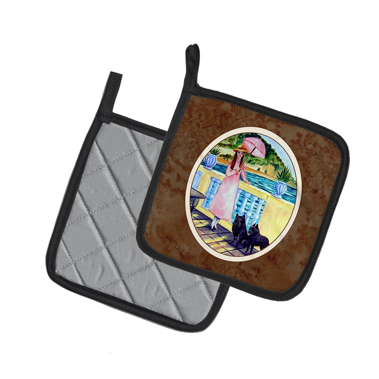 Lady with her Schipperke Pot Holder Set of 2 Heat Resistant Quilted Hot Pads 7.5 x 7.5 Inch, Insulated Kitchen Trivets for Cooking & Baking