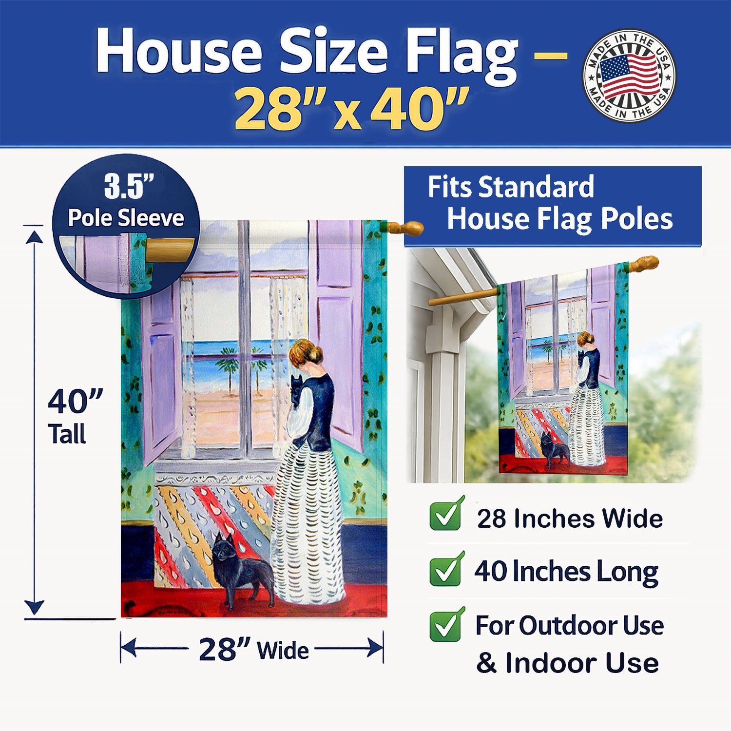 Lady with her Schipperke House Flag 28x40 Porch Sleeve Pole Decorative Outside Yard Banner Artwork Wall Hanging, Polyester
