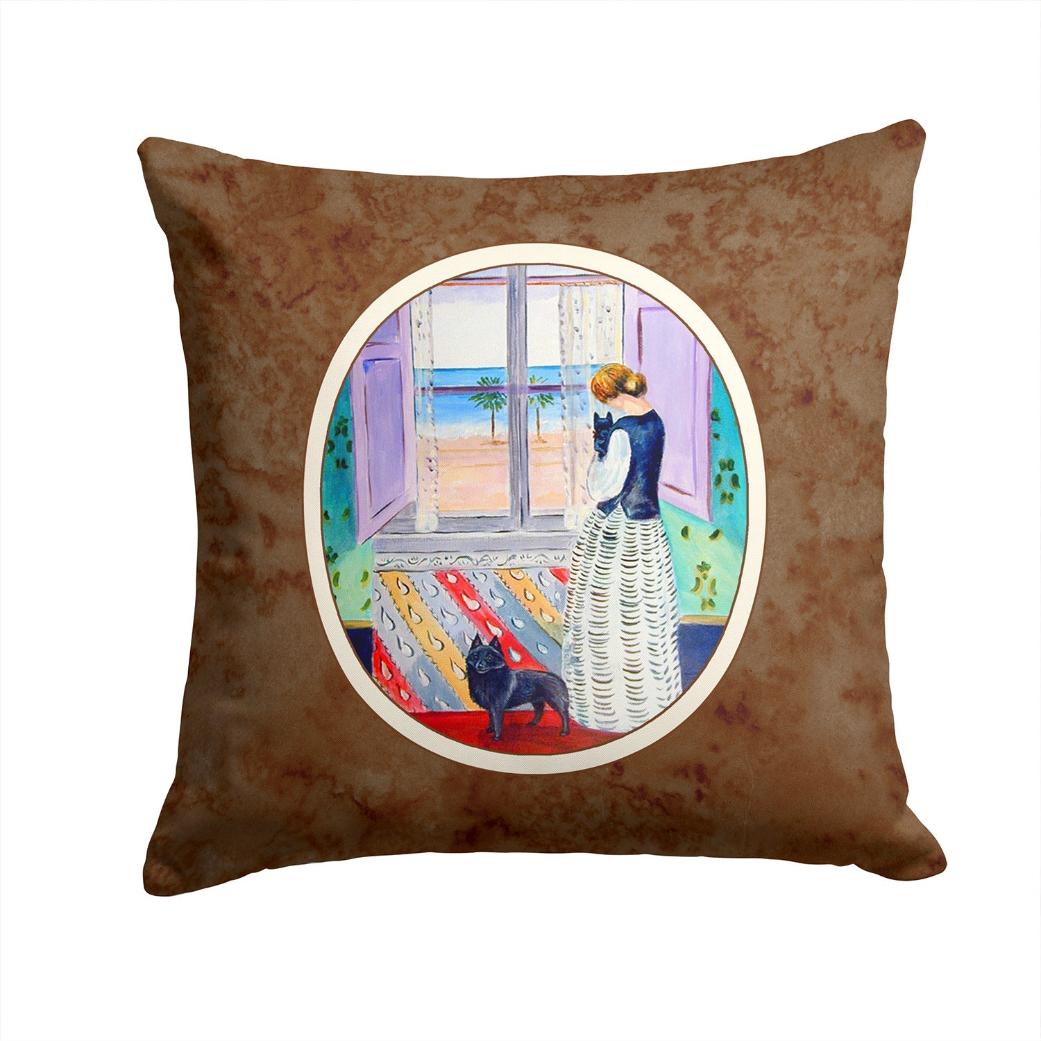 Lady with her Schipperke Decorative Throw Pillow 14x14 Indoor Outdoor Accent Cushion, Fabric Cover with Insert for Sofa, Bed, Porch & Living Room