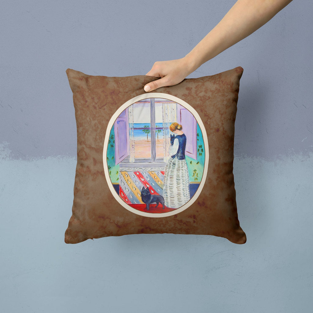 Lady with her Schipperke Decorative Throw Pillow 14x14 Indoor Outdoor Accent Cushion, Fabric Cover with Insert for Sofa, Bed, Porch & Living Room