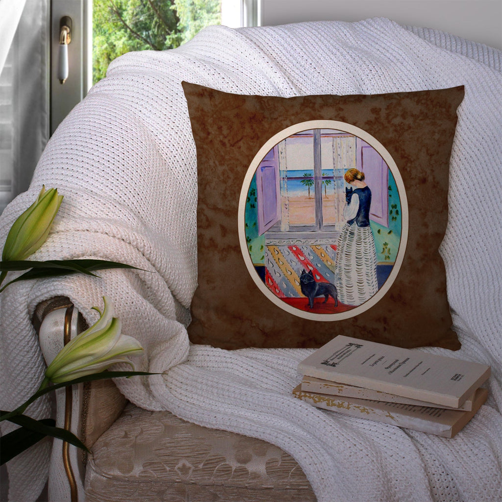 Lady with her Schipperke Decorative Throw Pillow 14x14 Indoor Outdoor Accent Cushion, Fabric Cover with Insert for Sofa, Bed, Porch & Living Room