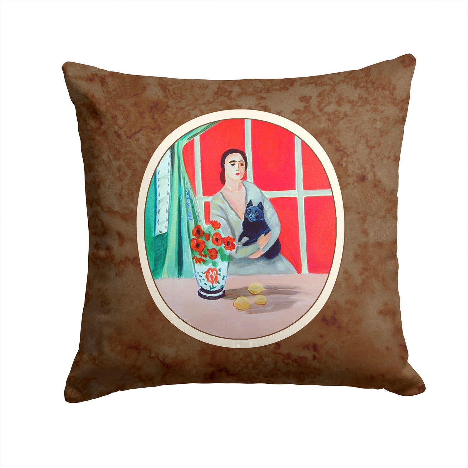 Lady with her Schipperke Decorative Throw Pillow 14x14 Indoor Outdoor Accent Cushion, Fabric Cover with Insert for Sofa, Bed, Porch & Living Room