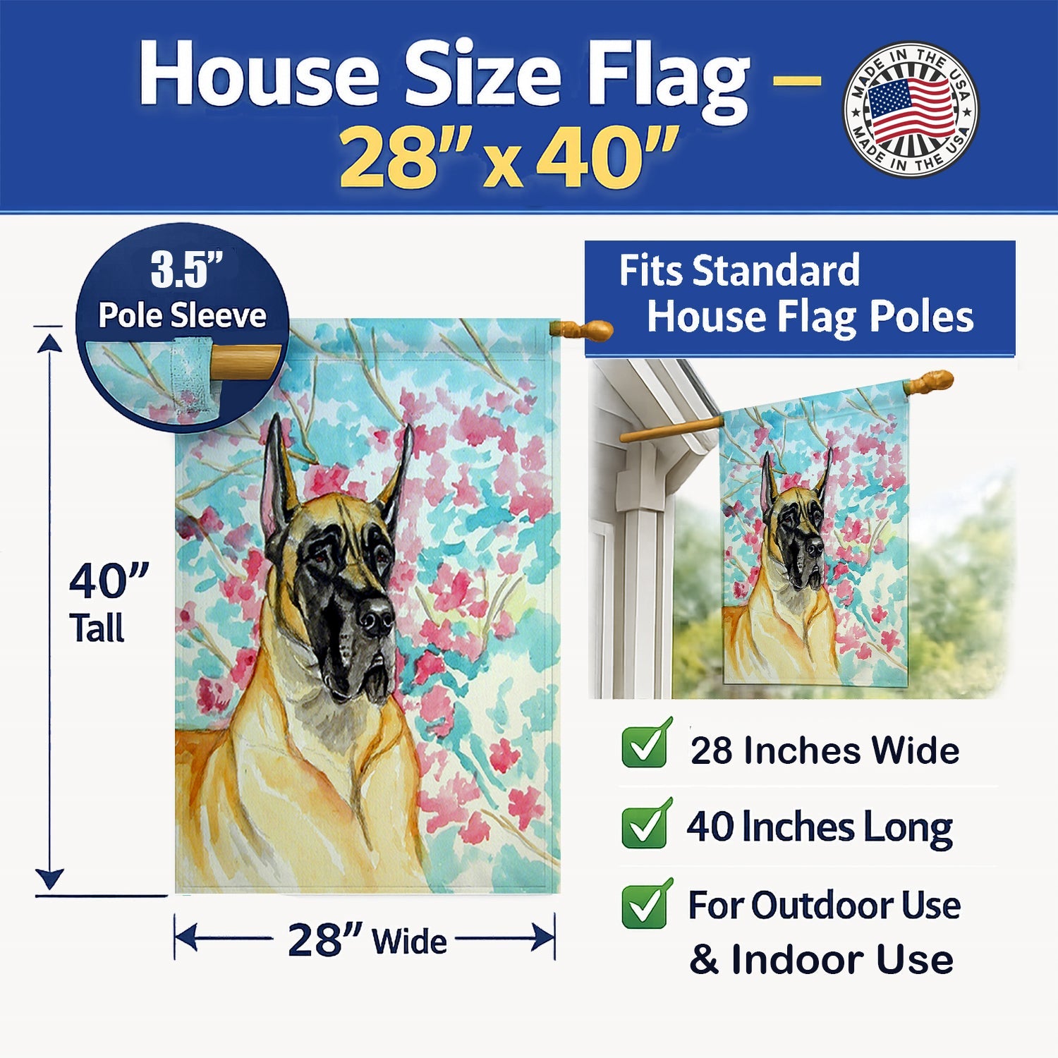 Fawn Great Dane House Flag 28x40 Porch Sleeve Pole Decorative Outside Yard Banner Artwork Wall Hanging, Polyester