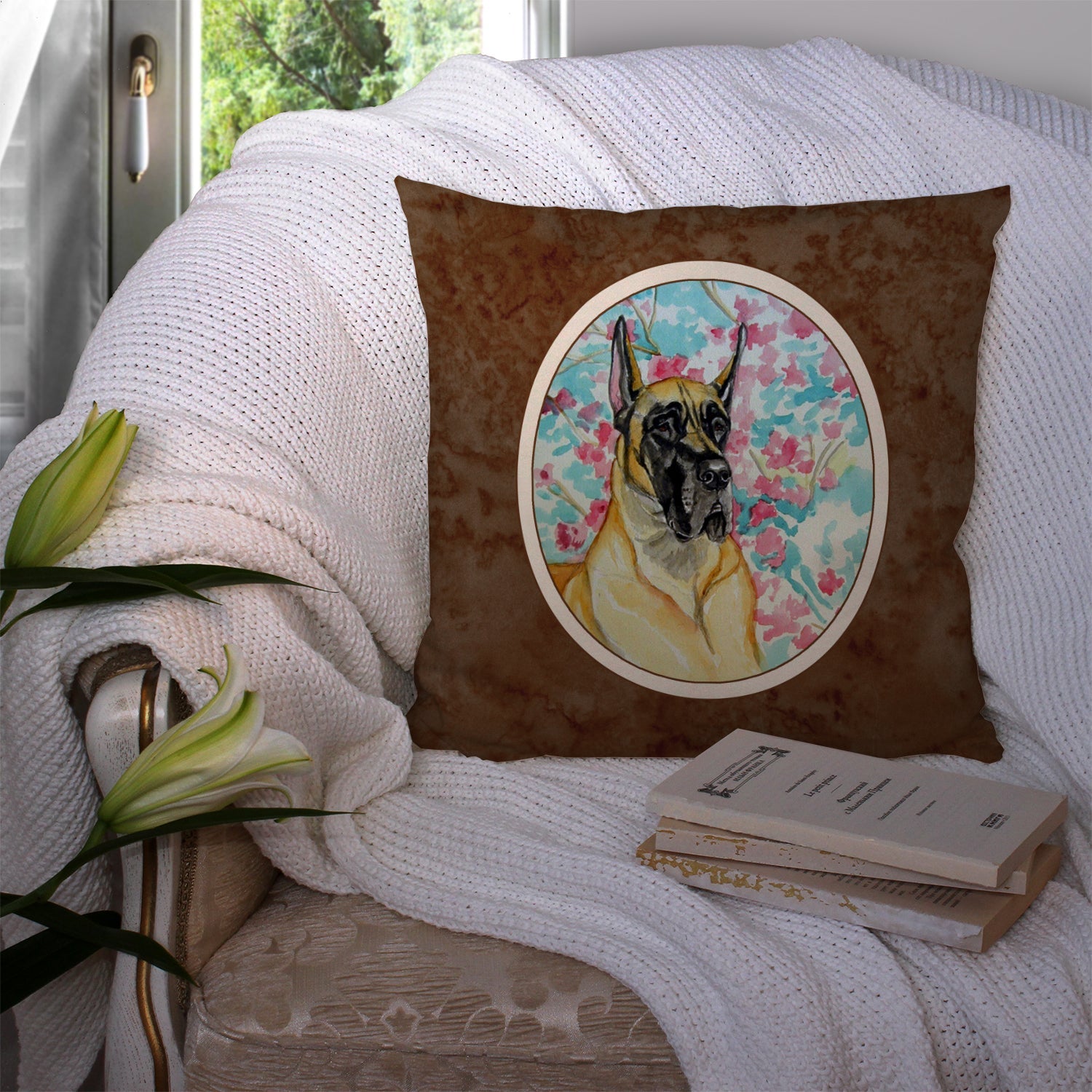 Fawn Great Dane Decorative Throw Pillow 14x14 Indoor Outdoor Accent Cushion, Fabric Cover with Insert for Sofa, Bed, Porch & Living Room