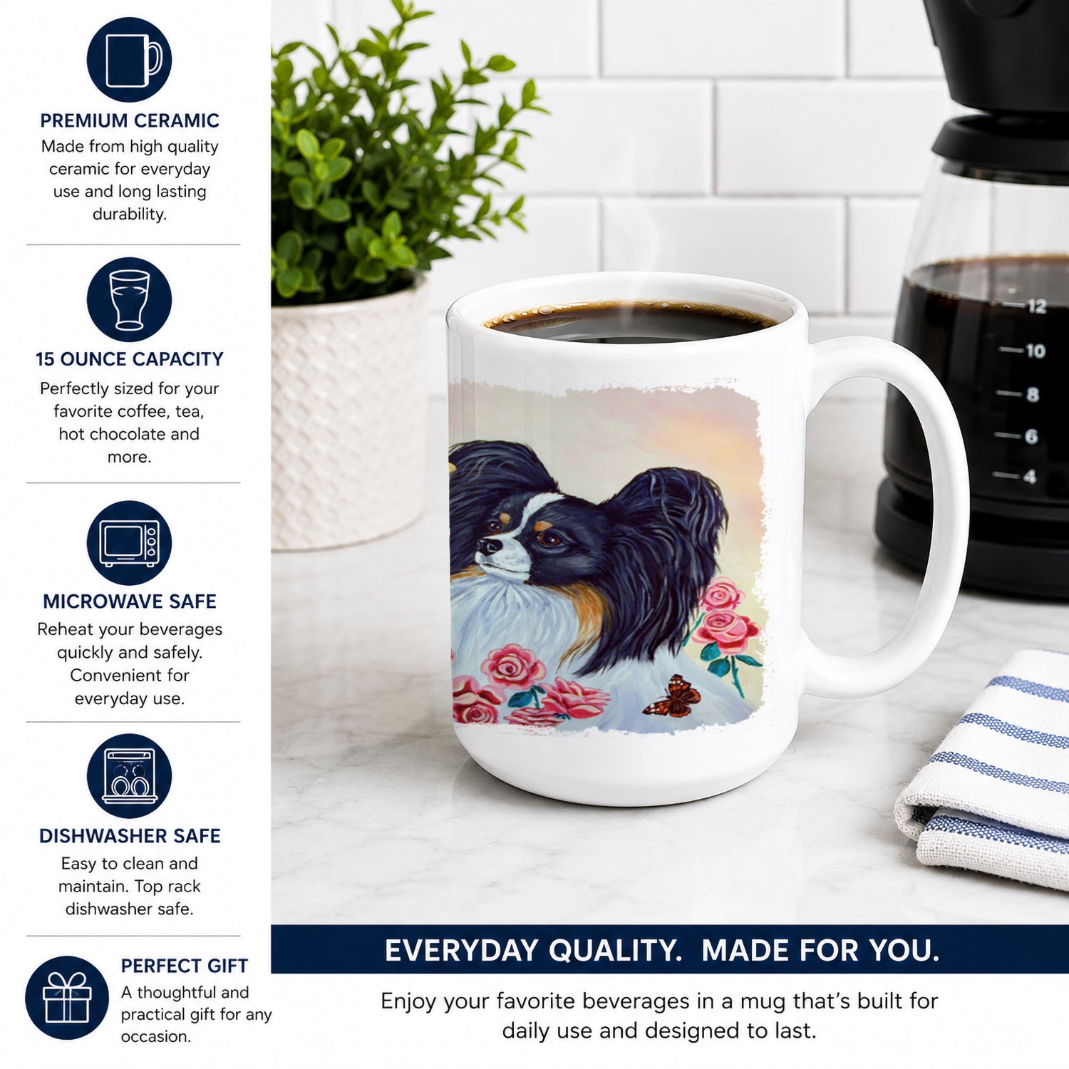Papillon Ceramic Coffee Mug 15 oz Decorative Large C Handle Mug Cup for Tea, Cocoa Hot Chocolate