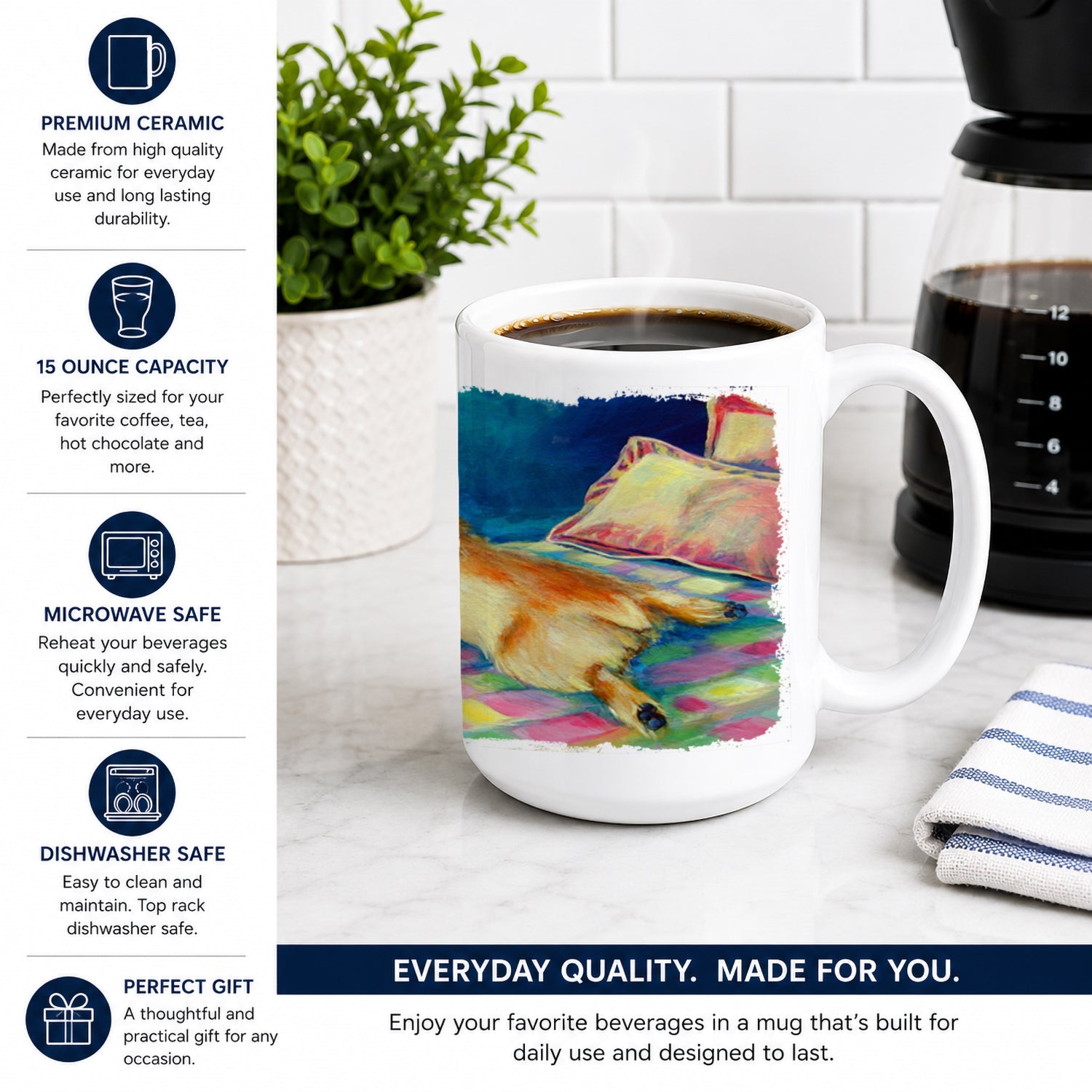 Norwich Ceramic Coffee Mug 15 oz Decorative Large C Handle Mug Cup for Tea, Cocoa Hot Chocolate
