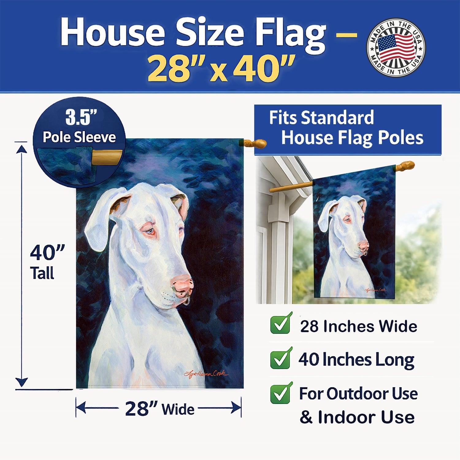 White Great Dane House Flag 28x40 Porch Sleeve Pole Decorative Outside Yard Banner Artwork Wall Hanging, Polyester
