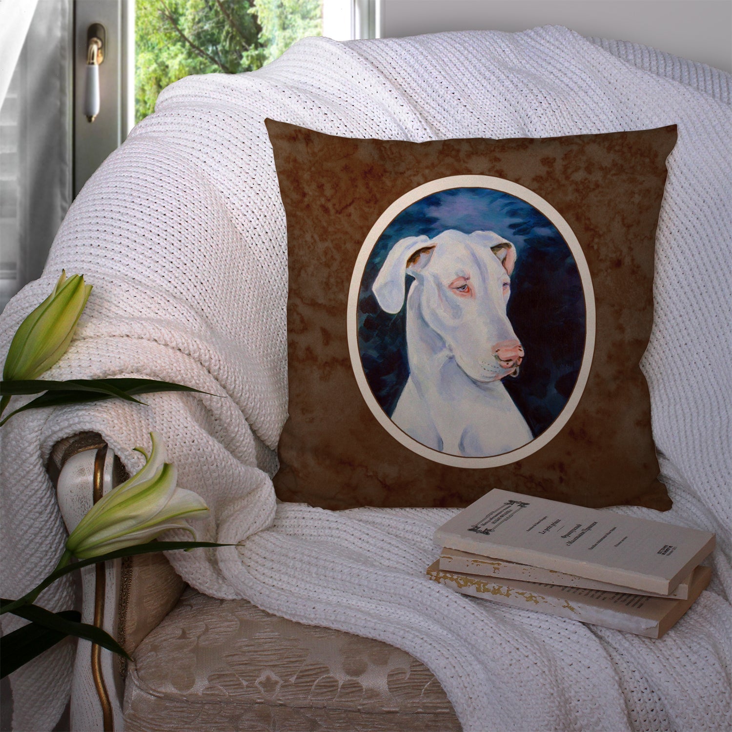 White Great Dane Decorative Throw Pillow 14x14 Indoor Outdoor Accent Cushion, Fabric Cover with Insert for Sofa, Bed, Porch & Living Room