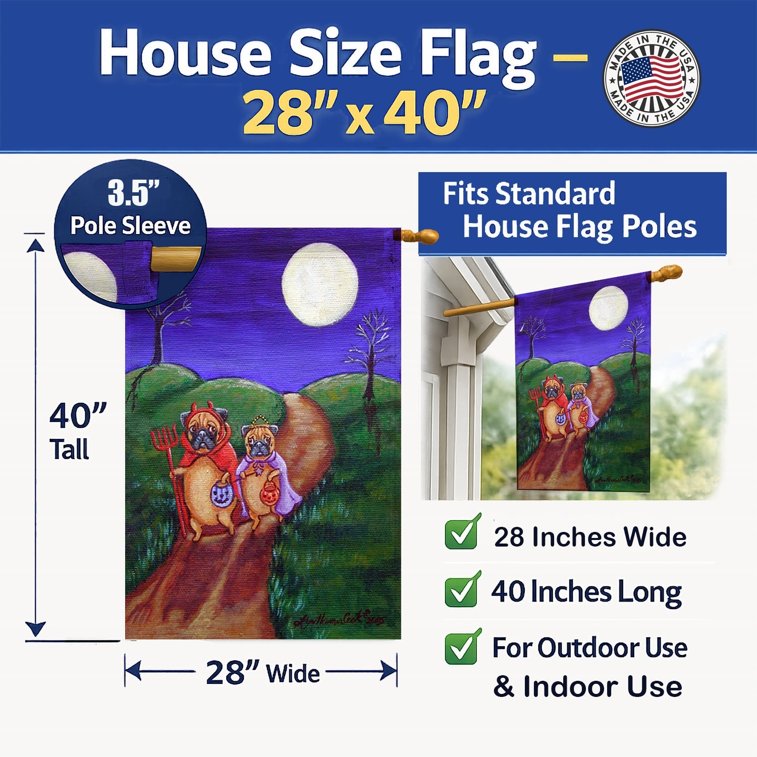 Trick or Treat Halloween Pug House Flag 28x40 Porch Sleeve Pole Decorative Outside Yard Banner Artwork Wall Hanging, Polyester
