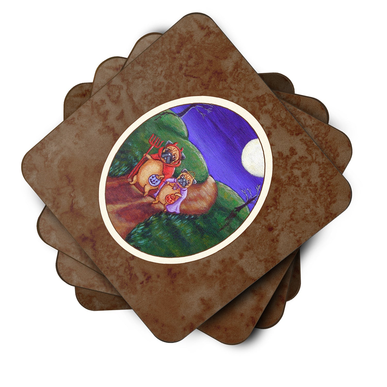 Trick or Treat Halloween Pug Foam Coasters Set of 4 Cup Coasters for Indoor Outdoor, Tabletop Protection, Anti Slip, Mouse pad Material