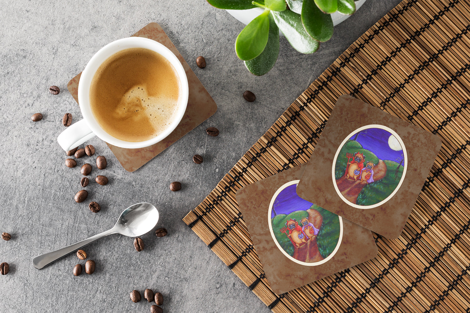 Trick or Treat Halloween Pug Foam Coasters Set of 4 Cup Coasters for Indoor Outdoor, Tabletop Protection, Anti Slip, Mouse pad Material