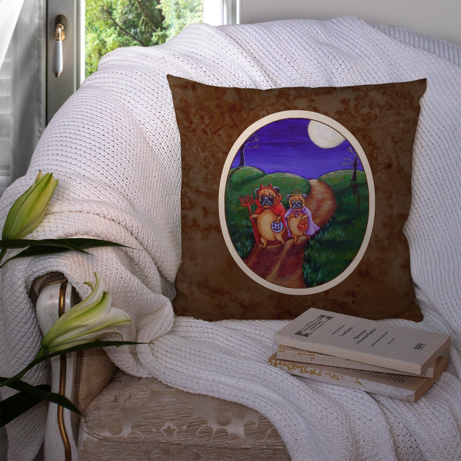Trick or Treat Halloween Pug Decorative Throw Pillow 14x14 Indoor Outdoor Accent Cushion, Fabric Cover with Insert for Sofa, Bed, Porch & Living Room
