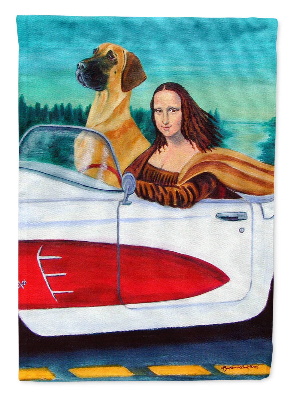 Great Dane with Mona Lisa House Flag 28x40 Porch Sleeve Pole Decorative Outside Yard Banner Artwork Wall Hanging, Polyester