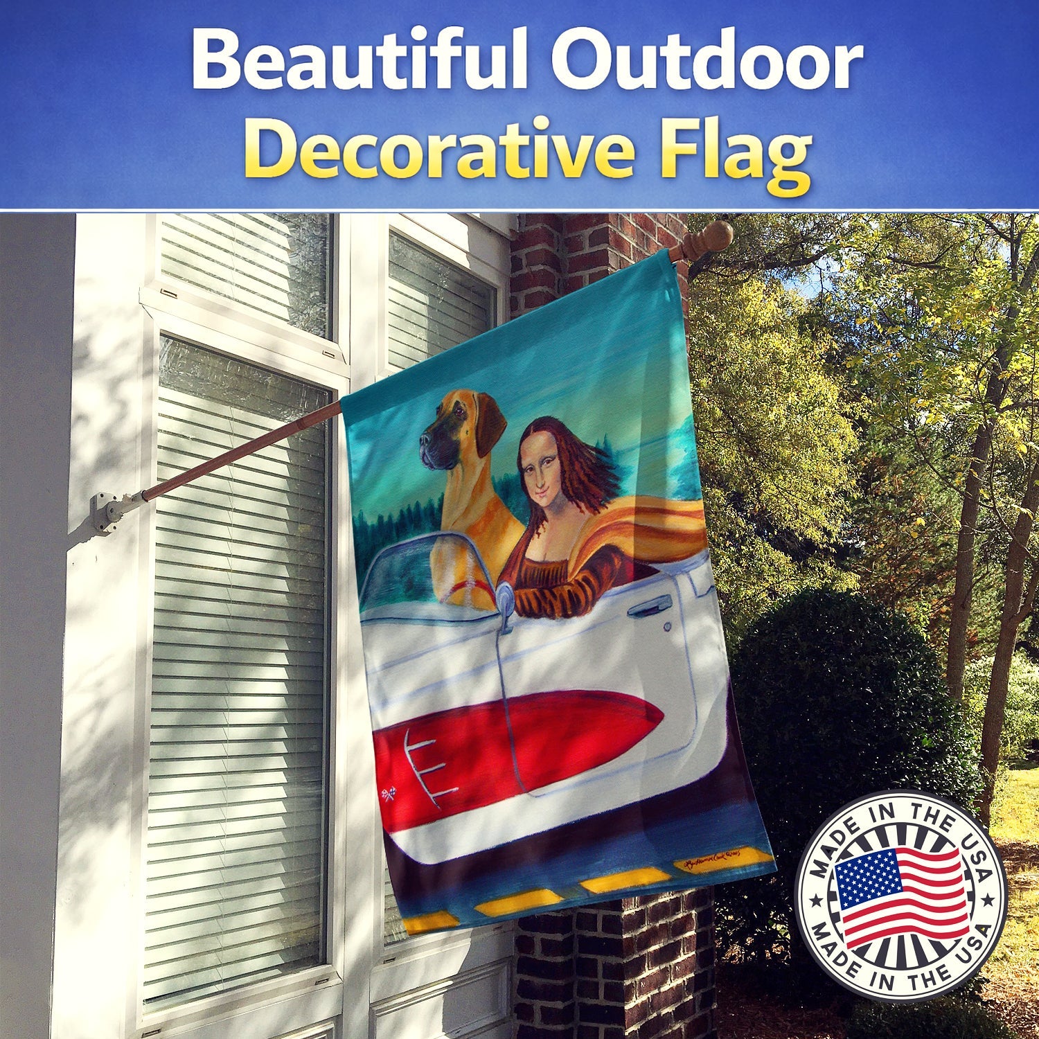 Great Dane with Mona Lisa House Flag 28x40 Porch Sleeve Pole Decorative Outside Yard Banner Artwork Wall Hanging, Polyester