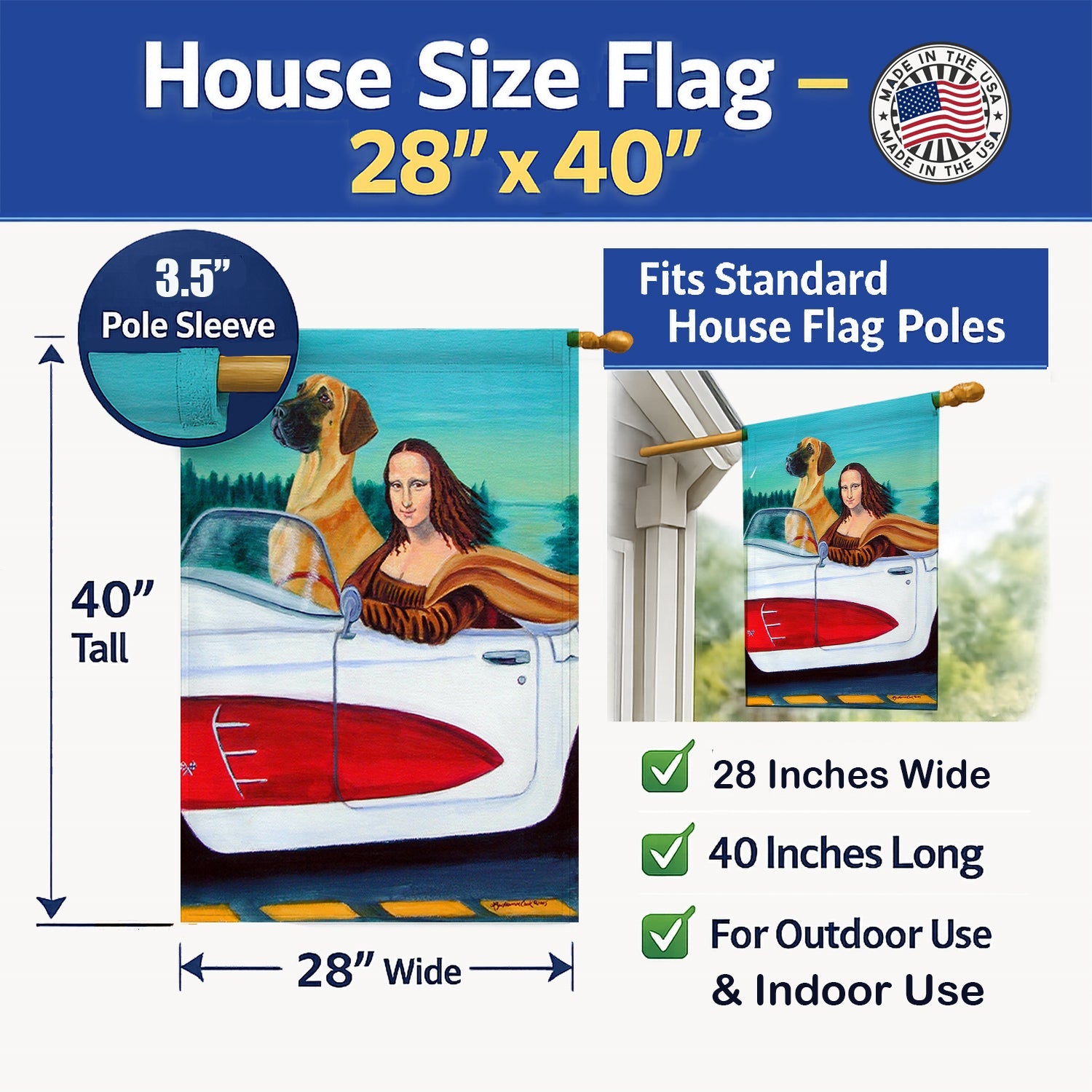 Great Dane with Mona Lisa House Flag 28x40 Porch Sleeve Pole Decorative Outside Yard Banner Artwork Wall Hanging, Polyester