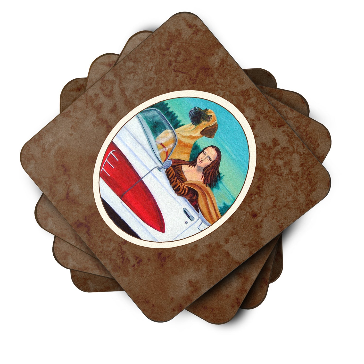 Great Dane with Mona Lisa Foam Coasters Set of 4 Cup Coasters for Indoor Outdoor, Tabletop Protection, Anti Slip, Mouse pad Material