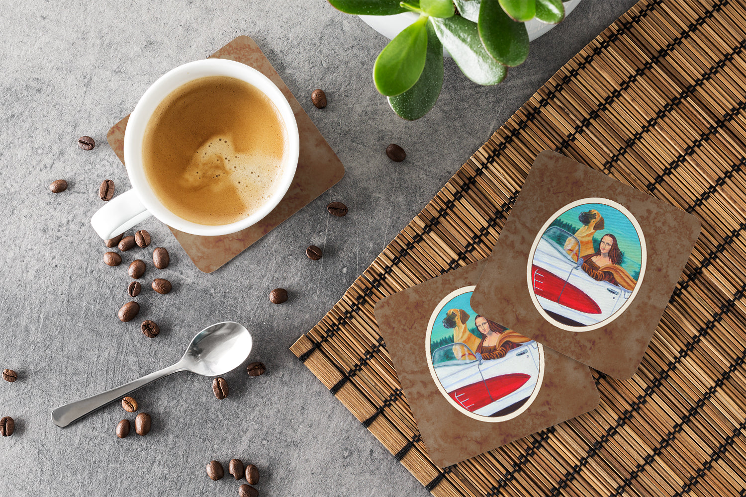 Great Dane with Mona Lisa Foam Coasters Set of 4 Cup Coasters for Indoor Outdoor, Tabletop Protection, Anti Slip, Mouse pad Material