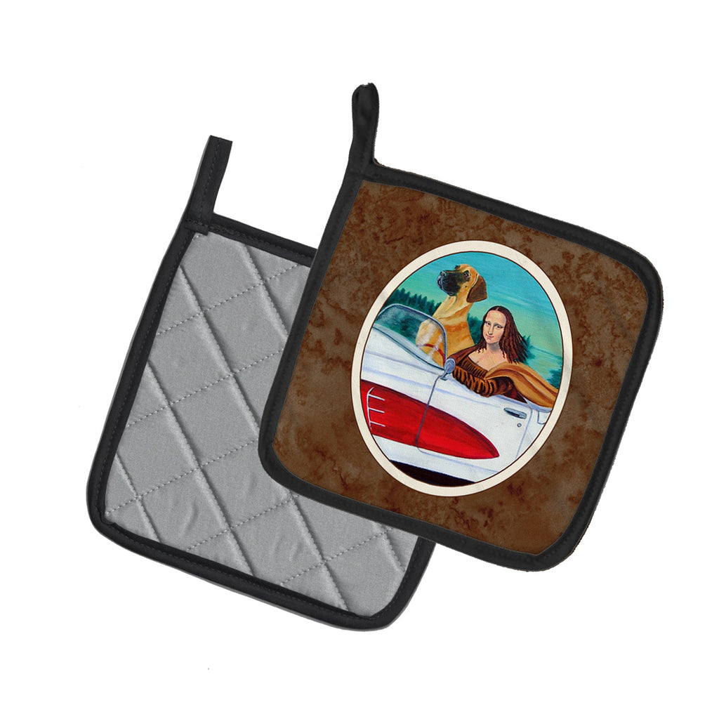 Great Dane with Mona Lisa Pot Holder Set of 2 Heat Resistant Quilted Hot Pads 7.5 x 7.5 Inch, Insulated Kitchen Trivets for Cooking & Baking