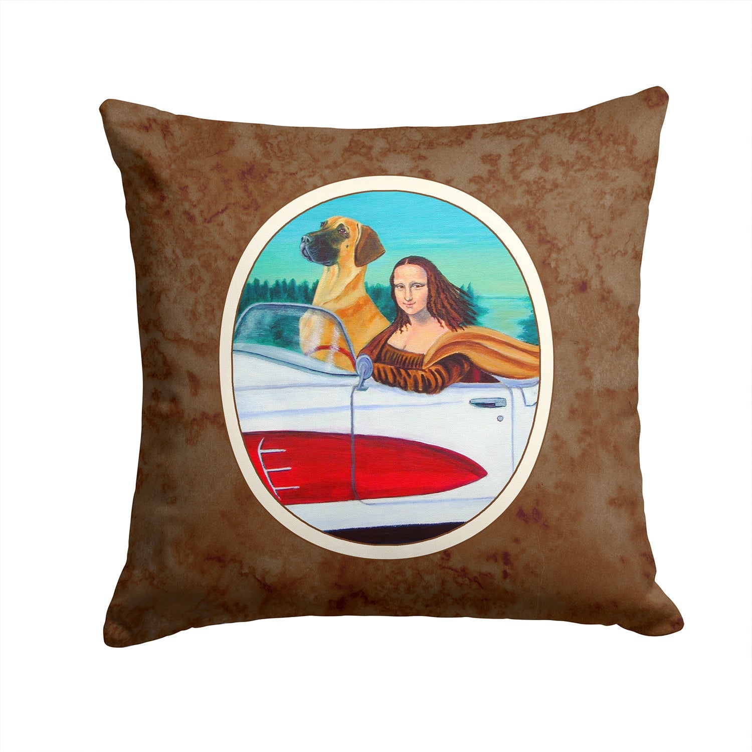 Great Dane with Mona Lisa Decorative Throw Pillow 14x14 Indoor Outdoor Accent Cushion, Fabric Cover with Insert for Sofa, Bed, Porch & Living Room