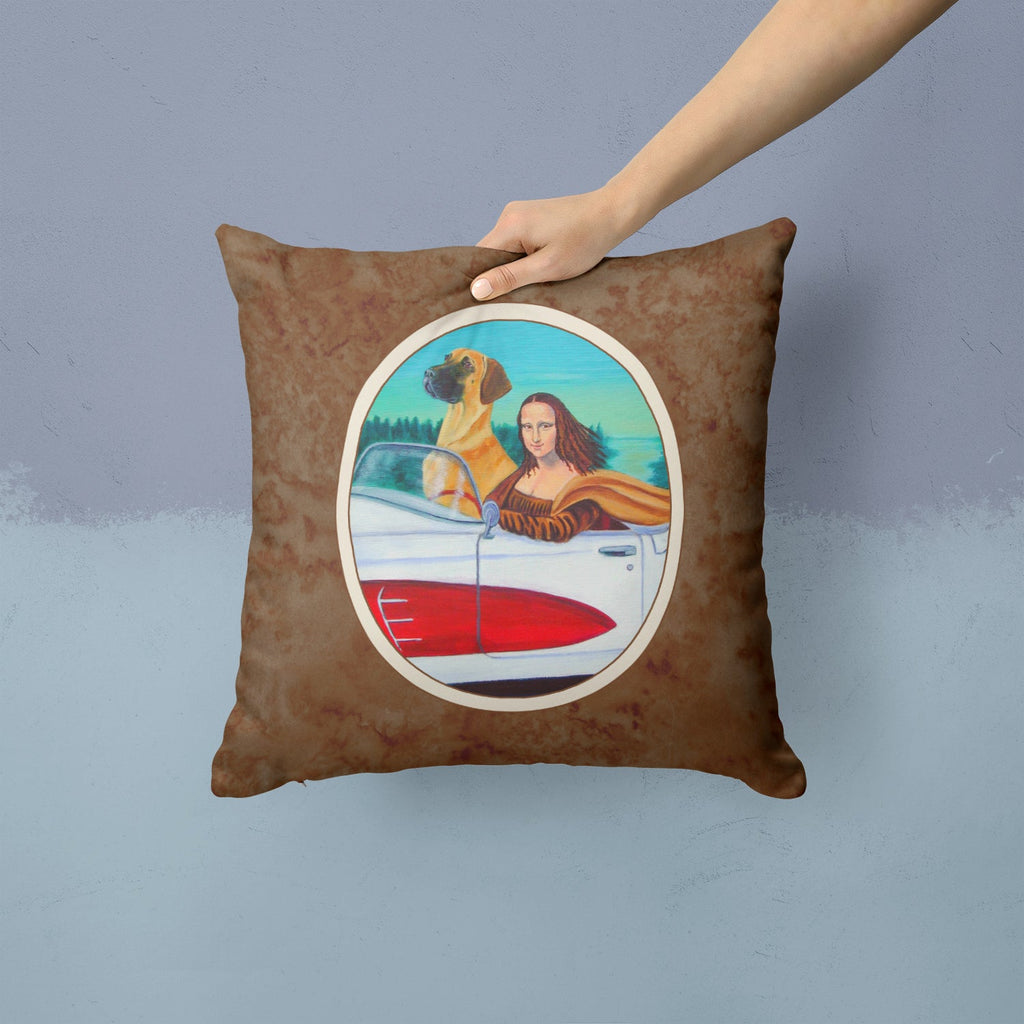 Great Dane with Mona Lisa Decorative Throw Pillow 14x14 Indoor Outdoor Accent Cushion, Fabric Cover with Insert for Sofa, Bed, Porch & Living Room