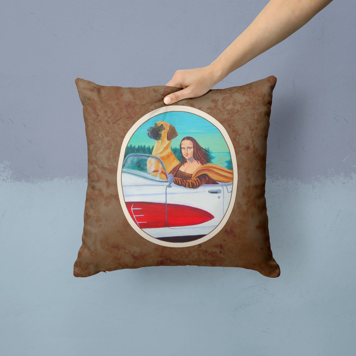 Great Dane with Mona Lisa Decorative Throw Pillow 14x14 Indoor Outdoor Accent Cushion, Fabric Cover with Insert for Sofa, Bed, Porch & Living Room