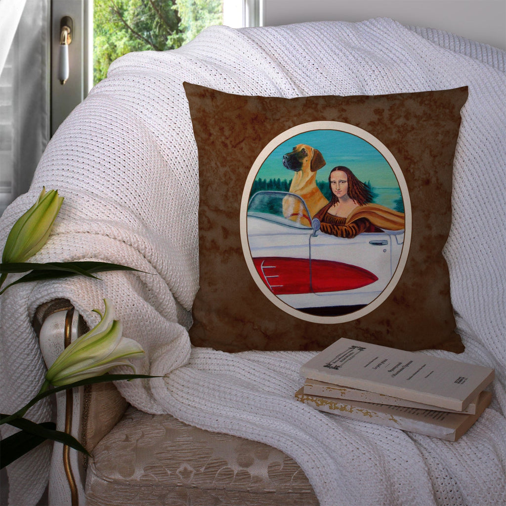 Great Dane with Mona Lisa Decorative Throw Pillow 14x14 Indoor Outdoor Accent Cushion, Fabric Cover with Insert for Sofa, Bed, Porch & Living Room