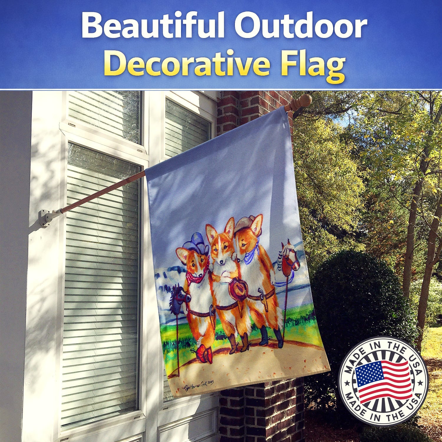 Cowboy Corgi House Flag 28x40 Porch Sleeve Pole Decorative Outside Yard Banner Artwork Wall Hanging, Polyester