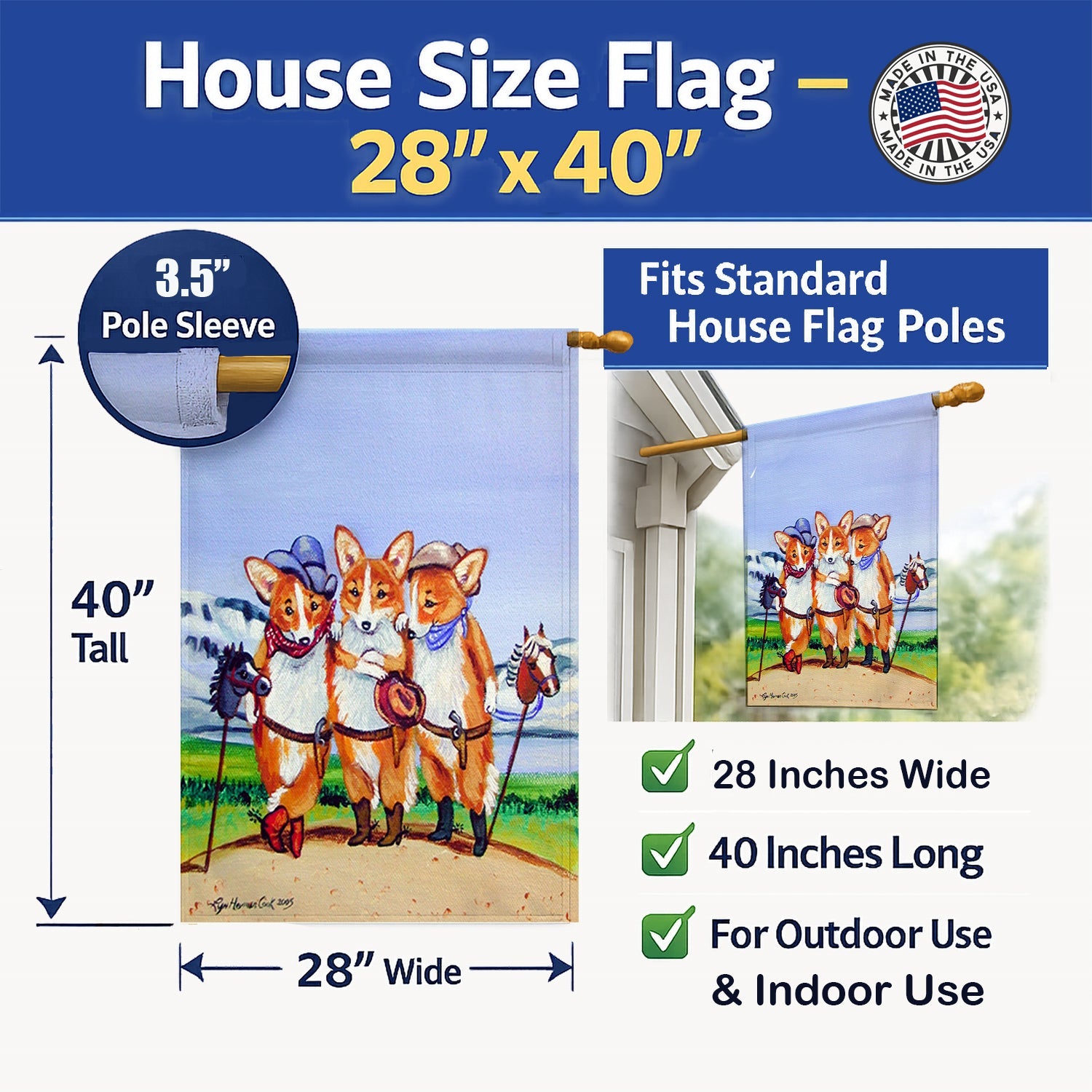 Cowboy Corgi House Flag 28x40 Porch Sleeve Pole Decorative Outside Yard Banner Artwork Wall Hanging, Polyester