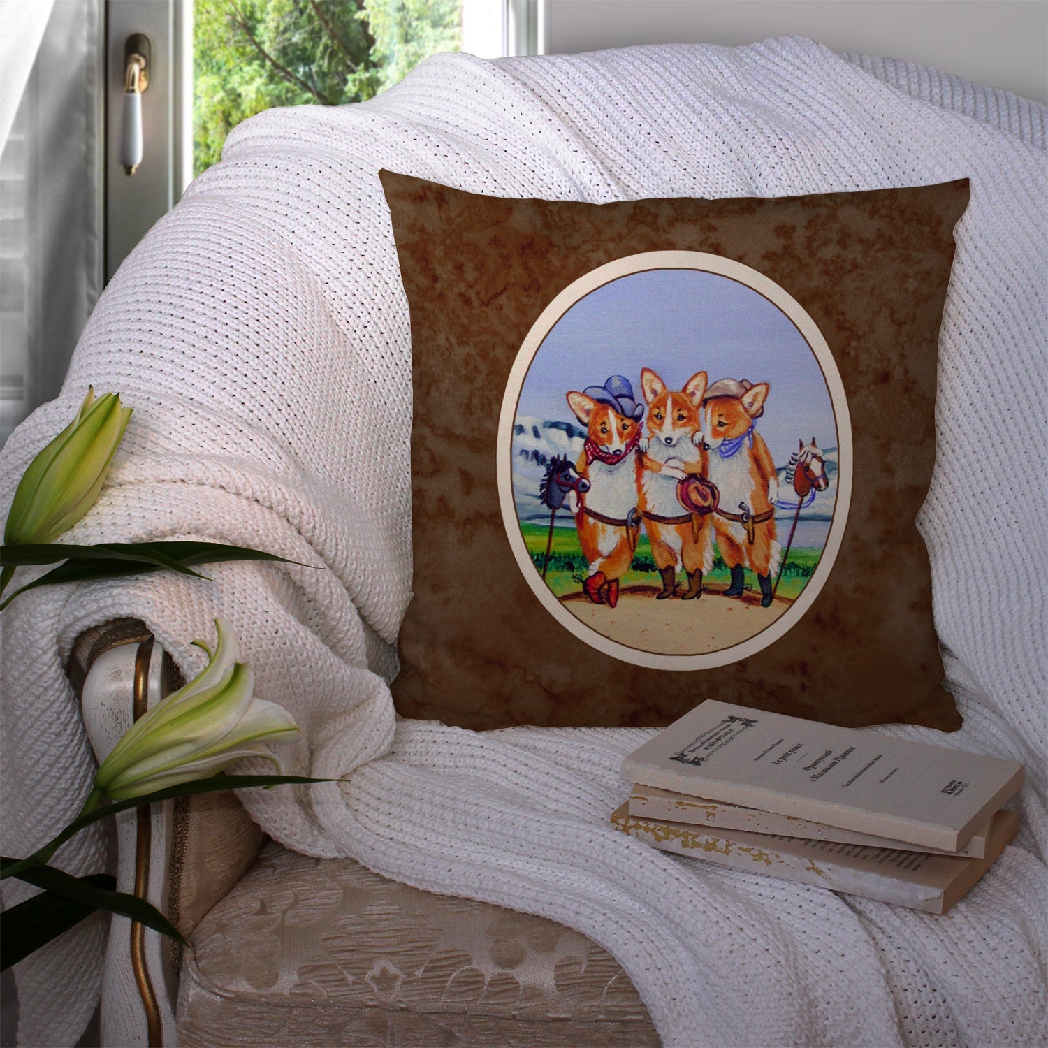 Cowboy Corgi Decorative Throw Pillow 14x14 Indoor Outdoor Accent Cushion, Fabric Cover with Insert for Sofa, Bed, Porch & Living Room