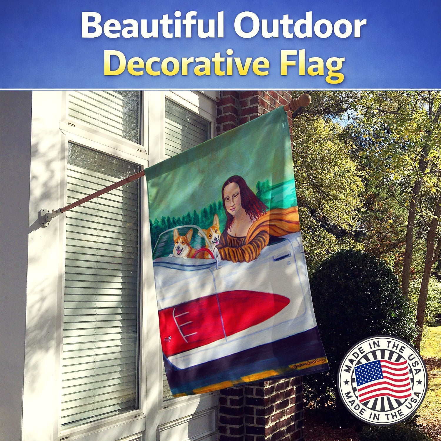 Mona Lisa with  Corgi House Flag 28x40 Porch Sleeve Pole Decorative Outside Yard Banner Artwork Wall Hanging, Polyester