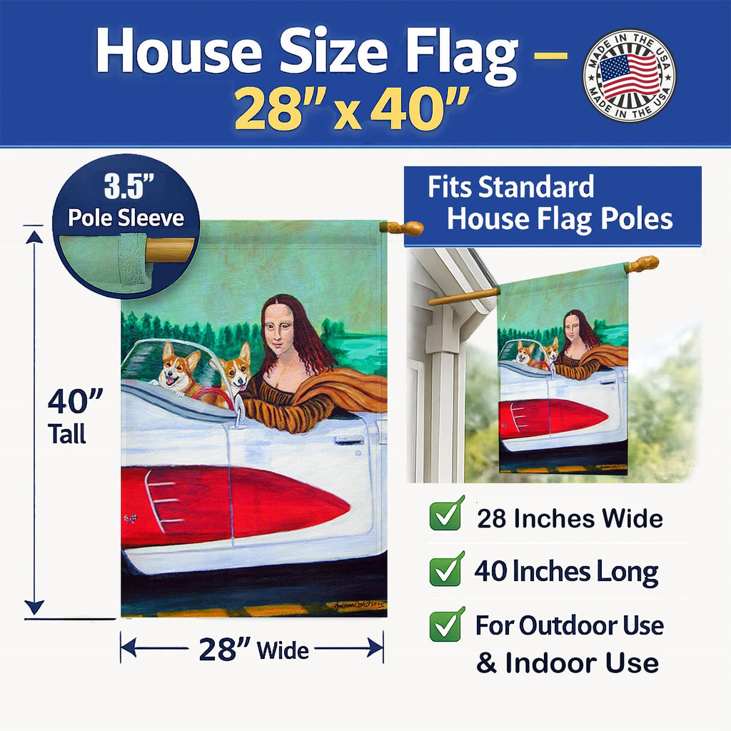 Mona Lisa with  Corgi House Flag 28x40 Porch Sleeve Pole Decorative Outside Yard Banner Artwork Wall Hanging, Polyester